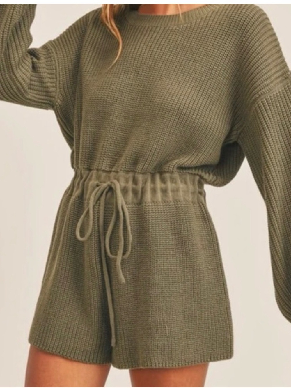 MABLE Women’s Sz M/L Olive Green Drawstring Long Sleeve Knit Sweater Romper